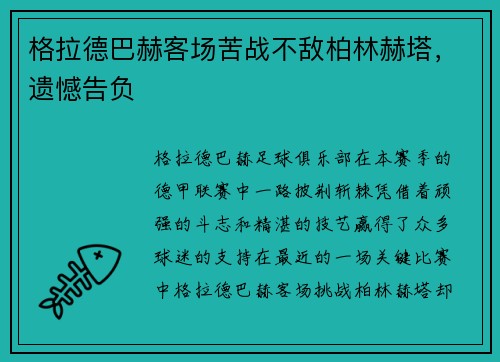 格拉德巴赫客场苦战不敌柏林赫塔，遗憾告负