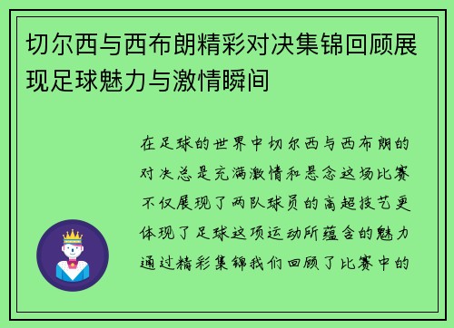 切尔西与西布朗精彩对决集锦回顾展现足球魅力与激情瞬间